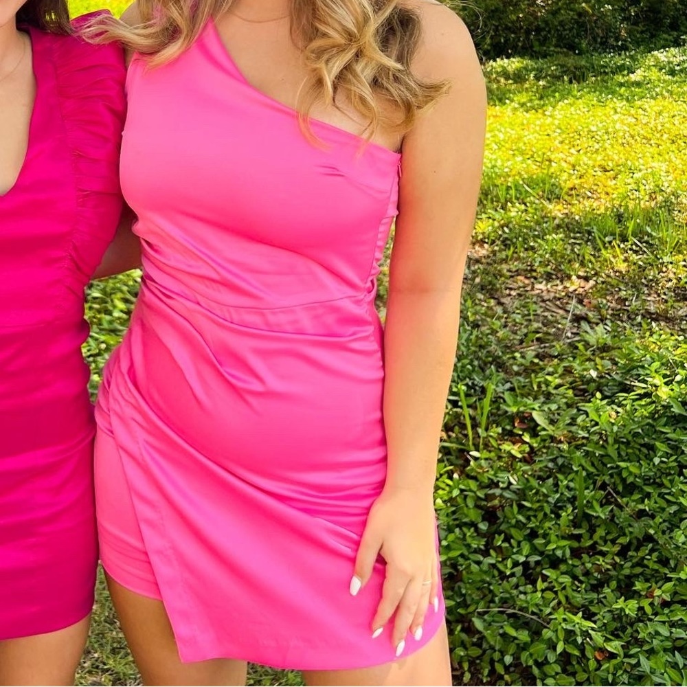 Large Pink One Shoulder Satin Dress.